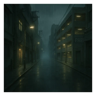 a dark, drab industrial street, dim lights, thick fog and rain. no cars. parking structure. pre-twilight gray. dystopian futurepunk, but the streets are clean sticker