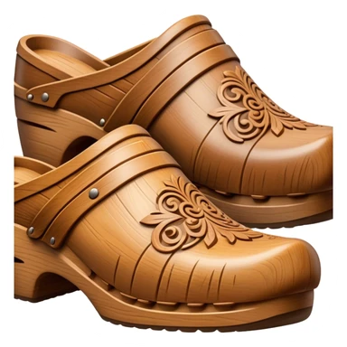 Cinematic Realistic Wooden Clogs Emoji, depicted as a pair of traditionally carved wooden clogs with intricate details and rustic charm. sticker