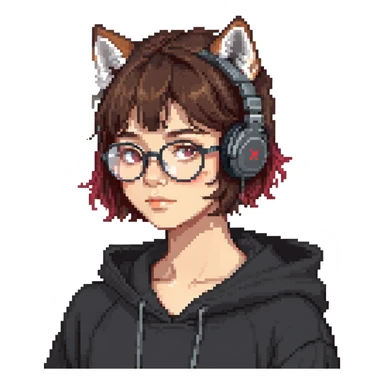 tan brunette girl with a short wolf haircut, round ruby glasses, black headphones, and a black hoodie sticker