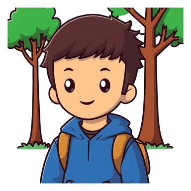 boy with straight brunette hair brown eyes and tree behind sticker