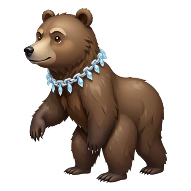 Complete view of serious grizzly bear on four paws, dark brown fur, whole body shown from head to tail, thick ice chain collar sticker