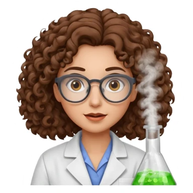 A crazy female scientist, with curly brown hair, brown eyes and grey glasses sticker