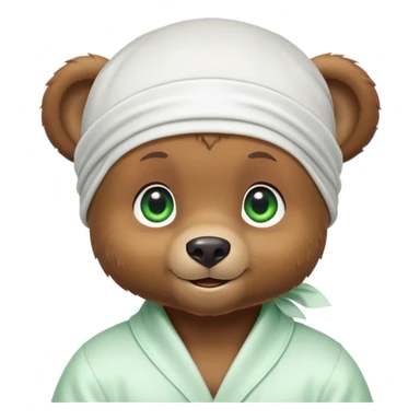 Playful brown bear cub in a white silk durag with a slight smile and bright green eyes, iOS emoji style sticker