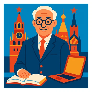 A college director with recognizable Moscow towers or stars in the background, an open book and a computer nearby, symbolizing modern education in the capital. sticker