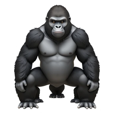 cinematic-friendly gorilla-realistic-full-body-crouched on all fours-emoji,-broad-and-powerful-frame-poised-with-confidence,-massive-arms-hanging-slightly-forward,-head-tilted-thoughtfully,-thick-black-fur,-deep-dark-eyes-full-of-intelligence,-simplified-yet-realistic sticker