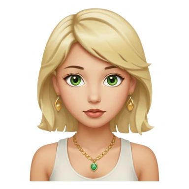 Girl with green eyes, blonde slightly wavy hair, sideswept bangs, darker roots, white but a bit tan, wearing white tank top, golden necklace and gold earrings, rosy cheeks and blushed lips sticker