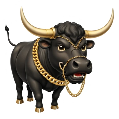 The emoji is an angry black powerful bull with steam coming out of its nose and a gold chain hanging from its neck with the inscription "bull run" sticker
