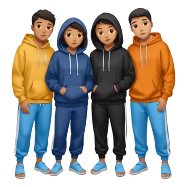 four mixed race friends all wearing oversized hoodies, sweatpants, and slides huddled together in a circle  sticker