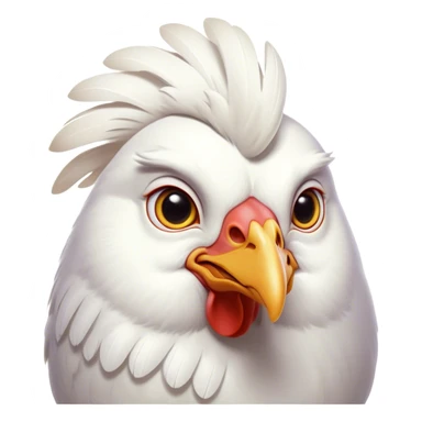 Cinematic Noble White Chicken Portrait Emoji, Poised and regal, with a compact, sturdy build and a pristine, well-groomed pure white plumage, deep-set soulful beady eyes, Simplified yet sharp and sophisticated features, highly detailed, glowing with a soft, dignified glow, high shine, intelligent and alert, stylized with an air of barnyard elegance, focused and attentive, soft glowing outline, capturing the essence of a watchful and confident fowl, so majestic it feels as though it could strut out of the screen with effortless authority! sticker