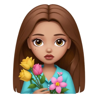 sad pretty bratz baddie, long brown hair holding flowers sticker
