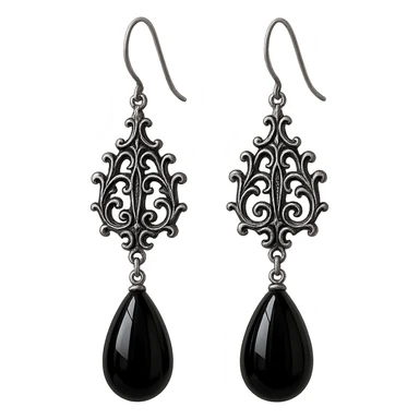 goth earrings, black onyx teardrop, silver filigree, elegant gothic style sticker