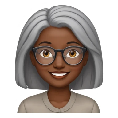 smiling dark black woman wearing glasses with lots of gray hair a sticker