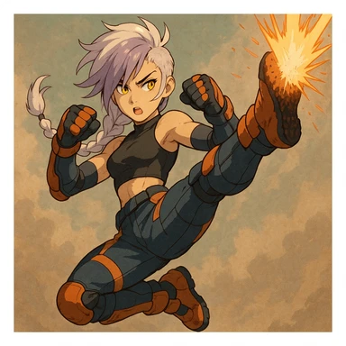 maiden, mohawk, long braid white hair with lavender and tips long messy bangs one side, gold yellow eyes, black crop top, with both fighting gloves up in defensive ready pose, delivering a lightning quick vertical upwards front kick with volcanic force, full defensive padding, TCTF operative, orange and dark dark blue + gray attire. jumping swing falcon kick, perfect posture sticker