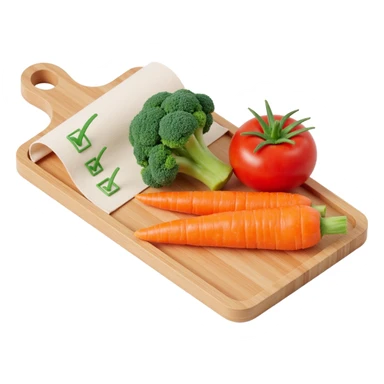 carrot tomato brocoli on the wooden cutting board with floating rolled paper list with green checkboxes sticker