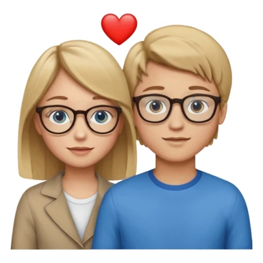 two young lovers, a heart between them, boy with brown hair and glasses, girl blonde with blue eyes without glasses, emoji style sticker