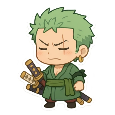 Zoro from One Piece, chibi cartoon style sticker
