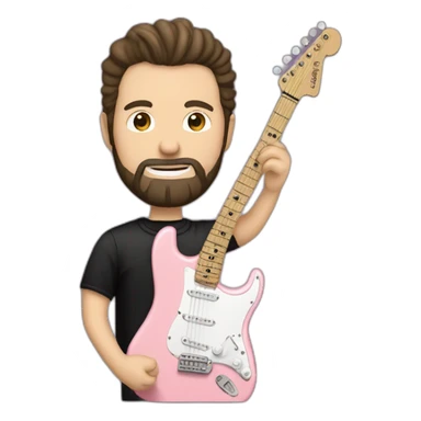 white man with dark beard and black t shirt and pastel pink stratocaster electric guitar sticker