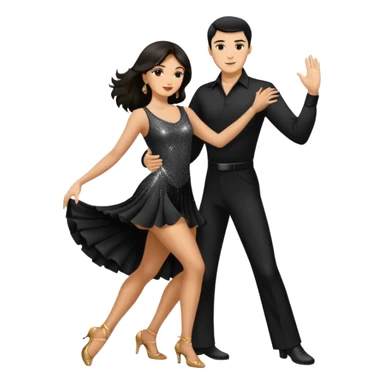 Dancesport professional latin couple dancing the rumba, the women is in skinny short sparkly dress, the man is in black shirt and black classic pants, the women has brown long hair, the man has short black hair  sticker