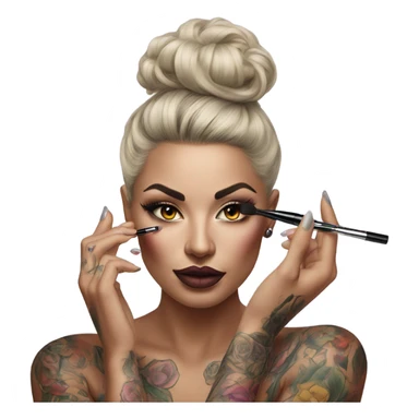 Hyper Realistic Beautiful tattooed woman applying her makeup sticker