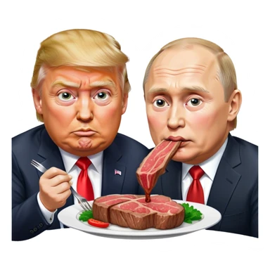 photorealistic Donald Trump and Putin eating a steak shaped like an piece of land sticker