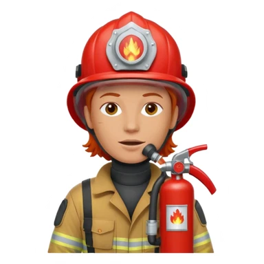 red haired Firefighter with respiratory protection with fire extinguisher sticker