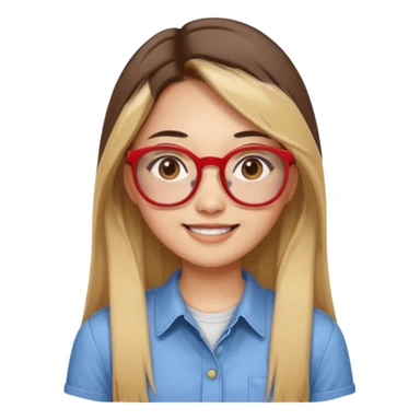 20 yr old asian woman, straight thick long brown hair, blond at ends of hair, center part to hair, big red glasses, brown eyes, casual shirt sticker