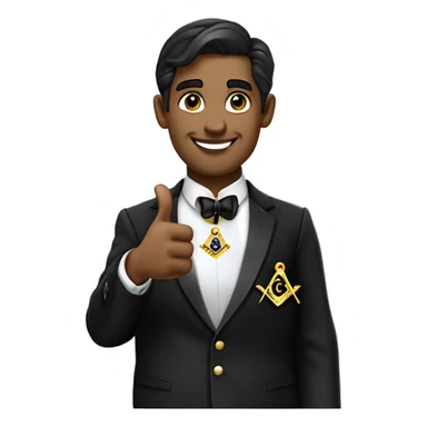 Modern English FREEMASON wearing black lounge suit jacket and Masonic Jewel and Apron. Show him giving a thumbs up sticker