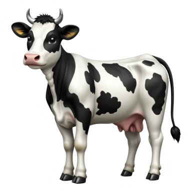 cinematic-[cow]-realistic-full-body-standing-emoji,-tail-flicking-lazily,-head-tilted-dramatically,-sleek-[black and white]-fur,-simplified-yet-realistic-focused-features,-highly-detailed,-glowing-with-an-almost-sarcastic-glow sticker