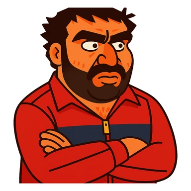 Recep İvedik, comedic Turkish character with bushy mustache, thick eyebrows, red tracksuit, expressive face, vibrant toon style sticker