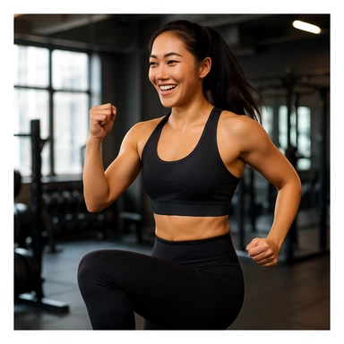 Asian woman doing a routine workout, energetic, fitness attire, gym background sticker