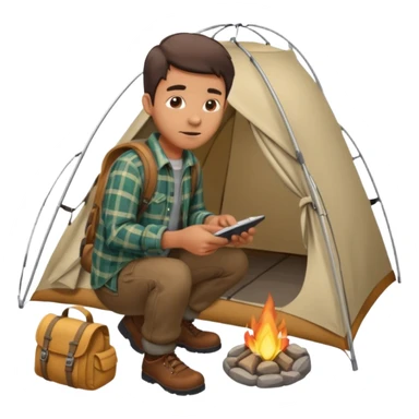 A man wearing a flannel shirt and backpack, setting up a tent with focused hands sticker