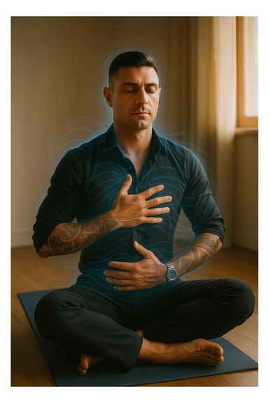 A highly realistic, cinematic portrait of a man in his early 30s with a calm, focused expression, sitting cross-legged on a yoga mat in a softly lit room. His eyes are closed, and he is performing deep diaphragmatic breathing, with one hand resting on his chest and the other on his abdomen, visibly rising and falling with each breath. A subtle glow or faint blue light outlines his body, symbolizing calm energy and nervous system regulation. Around him, faint symbolic waves or flowing lines in blue tones represent the breath calming the autonomic nervous system, while a soft warm light from a window illuminates his relaxed face. The atmosphere is peaceful and grounded, with warm natural tones and a clean, minimalist setting, evoking the feeling of inner calm and nervous system reset through conscious breathing. Style: 35mm hyperrealistic film photography, soft depth of field, warm lighting with clear focus on the man's peaceful face and breathing posture sticker
