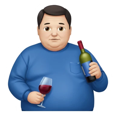 Morbidly obese older man dark hair with blue sweatshirt holding bottle of wine sticker