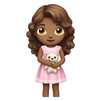 Little Girl with White skin, black eyes.  brown hair with. She is wearing a pink and White dress, standing and holding on to a teddybear. sticker