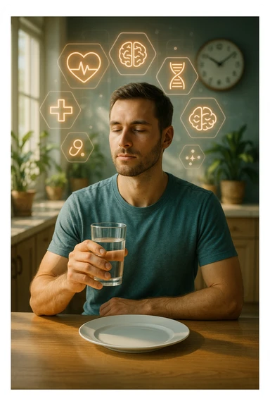 A realistic, cinematic illustration of a healthy, calm man in his early 30s sitting in a bright kitchen in the morning, with an empty plate in front of him and a glass of water in his hand, looking serene and focused. Behind him, the background shows subtle symbols of health: green plants, sunlight streaming in, and a blurred wall clock showing 10:00, symbolizing the fasting window. Above the man, a translucent overlay of medical icons (heart, brain, DNA strand) glows softly, illustrating that intermittent fasting acts as a powerful medicine, not merely a diet. The color palette is fresh and natural, emphasizing health, clarity, and focus. The style is realistic with slight cinematic tones, conveying that the man is using intermittent fasting as a tool for cellular regeneration, inflammation reduction, and health optimization rather than weight loss sticker