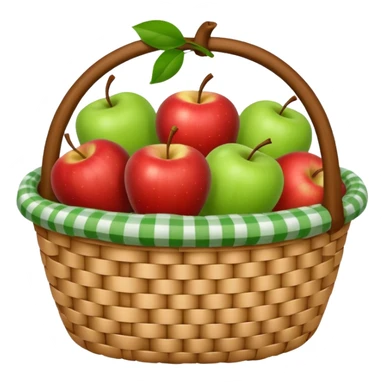 woven basket with apples and white checkered cloth, green sticker