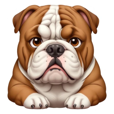 Cinematic Noble Brown and White English Bulldog Portrait Emoji, Poised and regal, with a robust, muscular build and a short, well-groomed coat of rich brown and white, deep-set soulful brown eyes, Simplified yet sharp and sophisticated features, highly detailed, glowing with a soft, dignified glow, high shine, intelligent and steadfast, stylized with an air of authority, focused and attentive, soft glowing outline, capturing the essence of a watchful and confident guardian, so majestic it feels as though it could lumber out of the screen with effortless authority! sticker