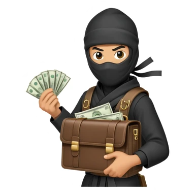 Stealthy ninja holding open money briefcase showing cash inside sticker
