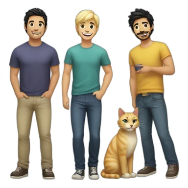 Gay couple, 1 guy Latino black hair and 1 Australian guy blonde hair with a cat laughing full body sticker