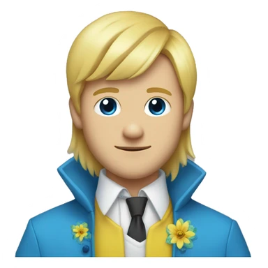 A blonde guy with 2 bangs,left eye blue,right eye yellow,a big white shirt,a yellow coat with a big blue flower shape crystal in the middle of the coat sticker