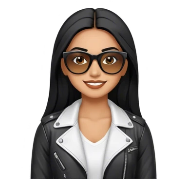 beautiful fit woman, with long straight black hair, with make up, black eye liner, smile mooth close, mexican, brown skin, wearing white tee, wearing leather black jacket, solar black wayfarer on the tip of the nose sticker