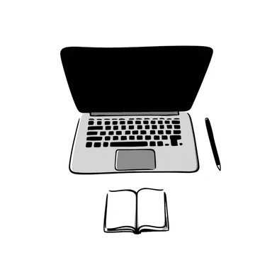 top view of a MacBook and a notebook with a pen nearby sticker