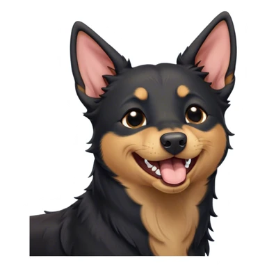 Cinematic Cute Yawning Black and Tan Kelpie Portrait Emoji, Head tilted slightly with a dramatic, wide-open yawn, showcasing a smooth black Fur with distinct tan accents, floppy ears slightly drooping, round dark eyes barely open in drowsy contentment, Simplified yet irresistibly adorable features, highly detailed, glowing with a soft, cozy glow, high shine, relaxed yet expressive, stylized with a touch of whimsy, bright and endearing, soft glowing outline, capturing the essence of a sleepy yet affectionate herder, so drowsy it feels like it could stretch out of the screen and curl up for a nap! sticker