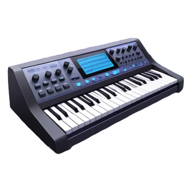 Create a professional and artistic emoji that represents sound design. The design should feature essential sound design equipment, including a high-end Korg synthesizer, a sound mixing console with visible wires, large studio speakers, and a microphone. Surround the equipment with flowing, abstract sound waves and musical notes to symbolize the fluid, creative nature of sound design. Add subtle effects like glowing sound frequencies or swirling patterns to represent the dynamic manipulation of sound. Use sleek, modern colors like black, silver, neon blue, and purple to evoke a sense of innovation and artistic exploration. The background should be transparent. sticker