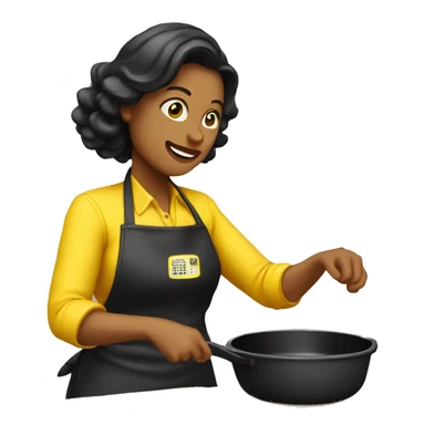 Mujer cocinando con delantal negro y amarillo sticker