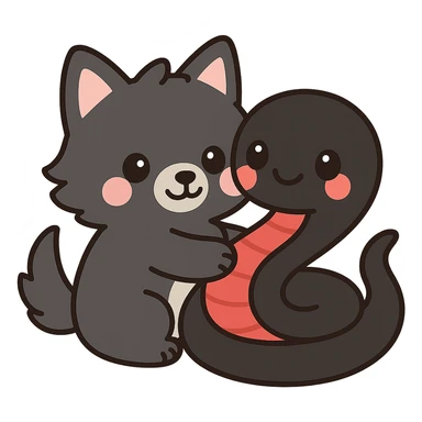 Make the snake larger, with a black body and red underbelly. The snake should be hugging the wolf back. Keep the kawaii style and ensure the background remains transparent. sticker