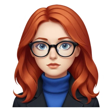 Nữ 25 tuổi, da trắng, tóc dài xoăn nhẹ màu đỏ, gọng kính màu đen, mắt kính màu xanh dương, mặt nghiêm túc, lông mi dài, trang điểm khá đậm, áo khoác cổ cao màu đen, áo trong màu trắng sticker