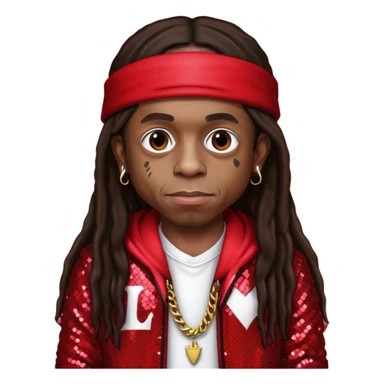 Lil Wayne with long dark brown hair, red sequin outfit sticker