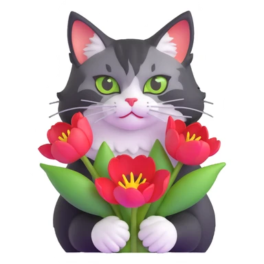 tricolor fluffy cat with big green eyes holding red tulips in her arms sticker