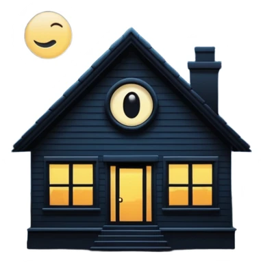 Minimalist emoji-style sticker of a house silhouette at night with a single lit window, and an eye visible inside. Flat, dark, quiet style.
 sticker